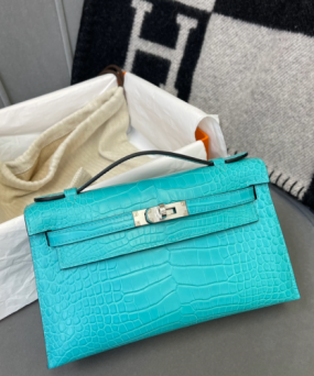 에르메스 켈리 포쉐트 블루 은장 악어가죽